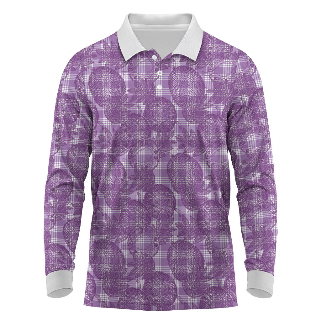 Poni Hawaii Breadfruit Palaka Motifs Long Sleeve Polo Shirt LT14 Purple - Polynesian Pride