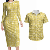 Melemele Hawaii Breadfruit Palaka Motifs Couples Matching Long Sleeve Bodycon Dress and Hawaiian Shirt LT14 Yellow - Polynesian Pride
