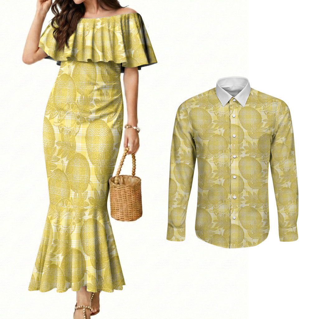 Melemele Hawaii Breadfruit Palaka Motifs Couples Matching Mermaid Dress and Long Sleeve Button Shirt LT14 Yellow - Polynesian Pride