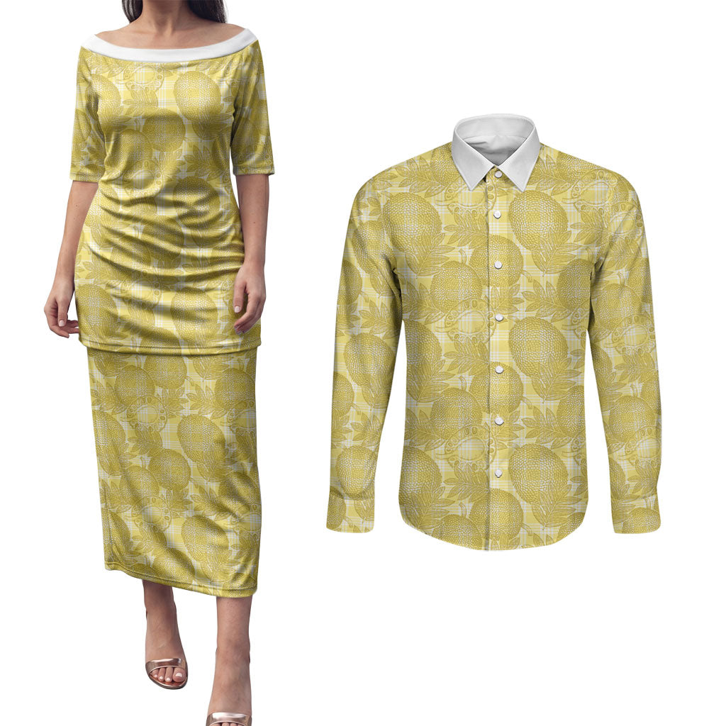 Melemele Hawaii Breadfruit Palaka Motifs Couples Matching Puletasi and Long Sleeve Button Shirt LT14 Yellow - Polynesian Pride
