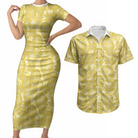 Melemele Hawaii Breadfruit Palaka Motifs Couples Matching Short Sleeve Bodycon Dress and Hawaiian Shirt LT14 Yellow - Polynesian Pride