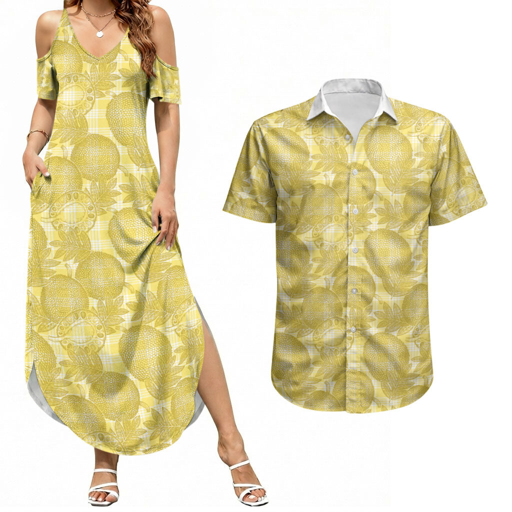 Melemele Hawaii Breadfruit Palaka Motifs Couples Matching Summer Maxi Dress and Hawaiian Shirt LT14 Yellow - Polynesian Pride