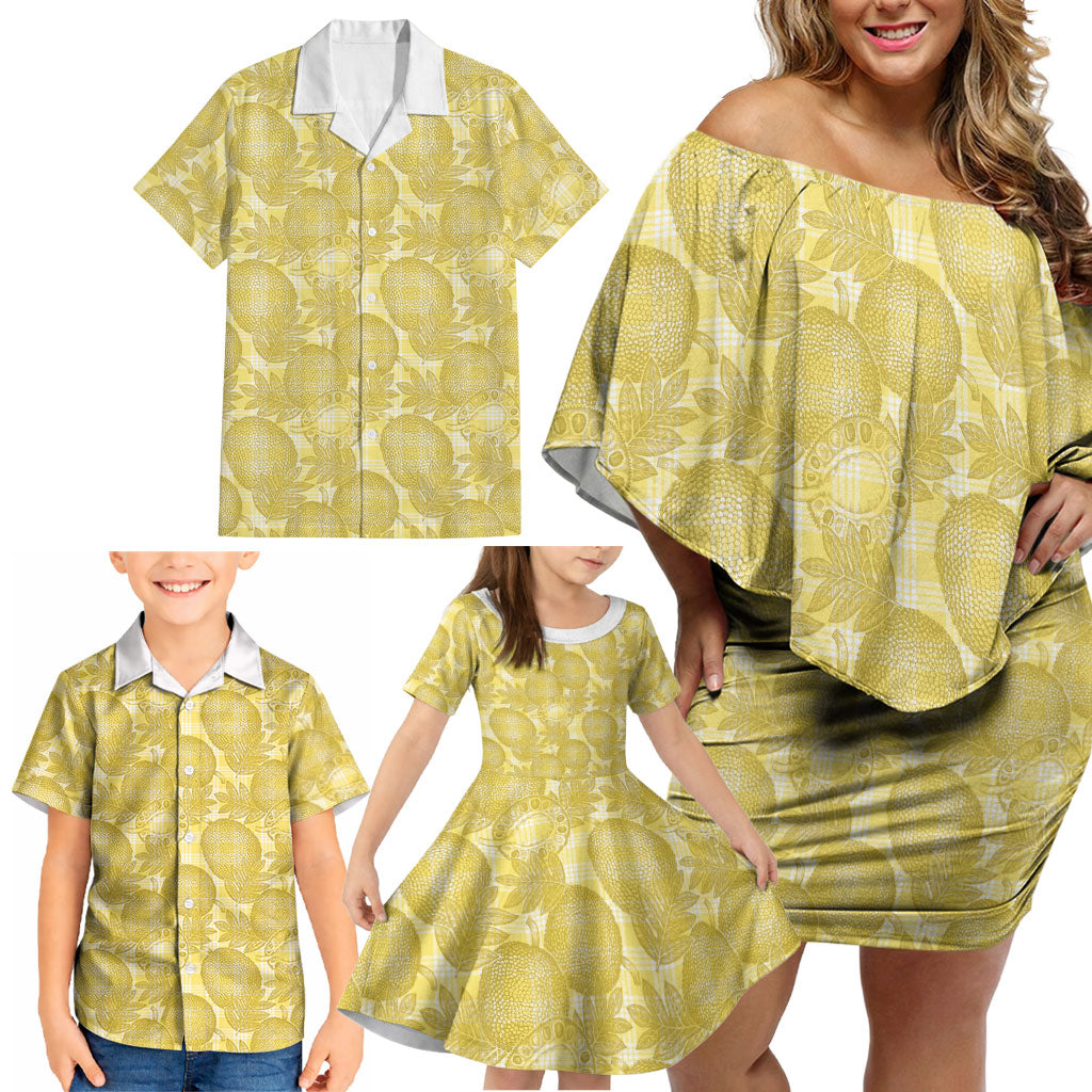 Melemele Hawaii Breadfruit Palaka Motifs Family Matching Off Shoulder Short Dress and Hawaiian Shirt LT14 - Polynesian Pride