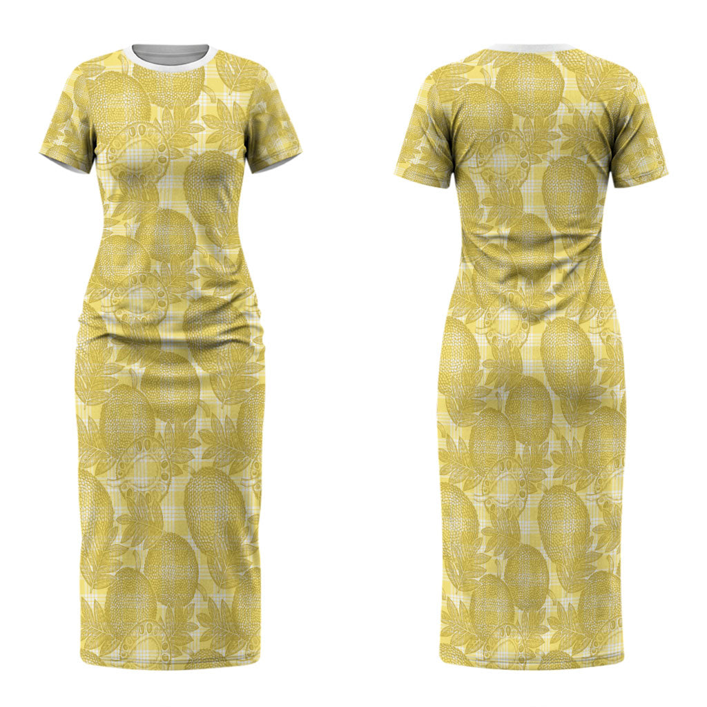 Melemele Hawaii Breadfruit Palaka Motifs Family Matching Short Sleeve Bodycon Dress and Hawaiian Shirt LT14 Mom's Dress Yellow - Polynesian Pride