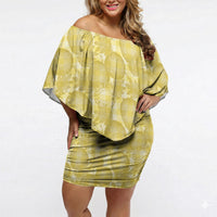 Melemele Hawaii Breadfruit Palaka Motifs Off Shoulder Short Dress LT14 Women Yellow - Polynesian Pride