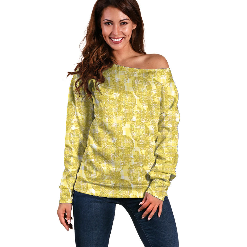 Melemele Hawaii Breadfruit Palaka Motifs Off Shoulder Sweater LT14 Women Yellow - Polynesian Pride