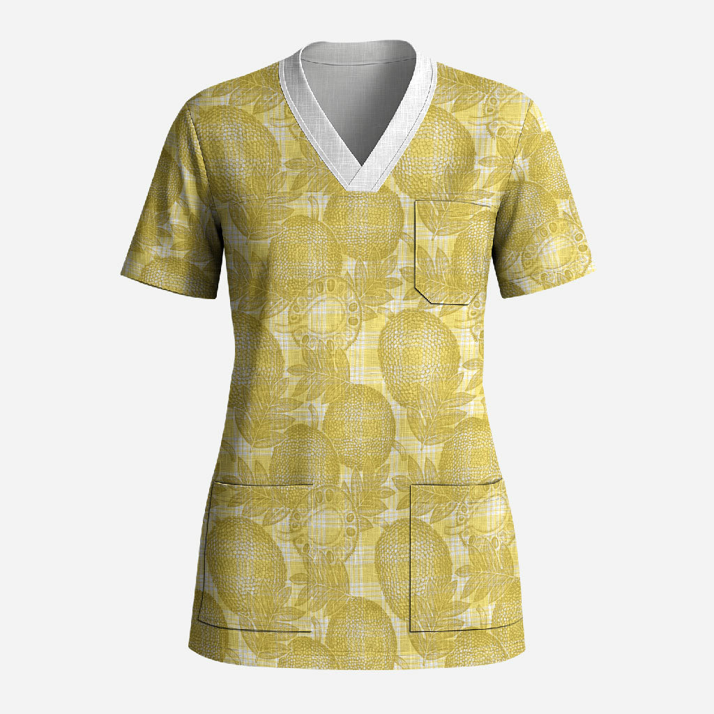 Melemele Hawaii Breadfruit Palaka Motifs Scrub Top LT14 Adult Yellow - Polynesian Pride
