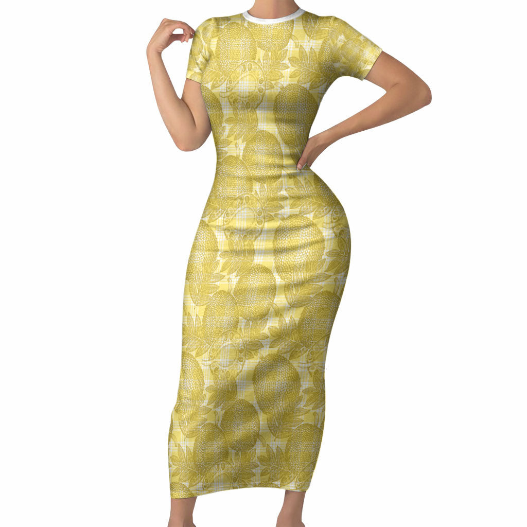 Melemele Hawaii Breadfruit Palaka Motifs Short Sleeve Bodycon Dress LT14 Long Dress Yellow - Polynesian Pride