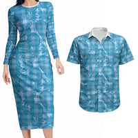 Polu Hawaii Breadfruit Palaka Motifs Couples Matching Long Sleeve Bodycon Dress and Hawaiian Shirt LT14 Blue - Polynesian Pride