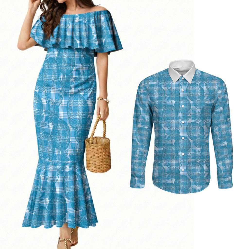 Polu Hawaii Breadfruit Palaka Motifs Couples Matching Mermaid Dress and Long Sleeve Button Shirt LT14 Blue - Polynesian Pride