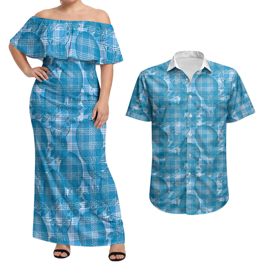 Polu Hawaii Breadfruit Palaka Motifs Couples Matching Off Shoulder Maxi Dress and Hawaiian Shirt LT14 Blue - Polynesian Pride