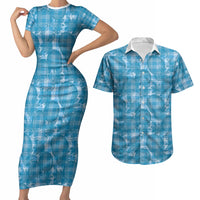 Polu Hawaii Breadfruit Palaka Motifs Couples Matching Short Sleeve Bodycon Dress and Hawaiian Shirt LT14 Blue - Polynesian Pride