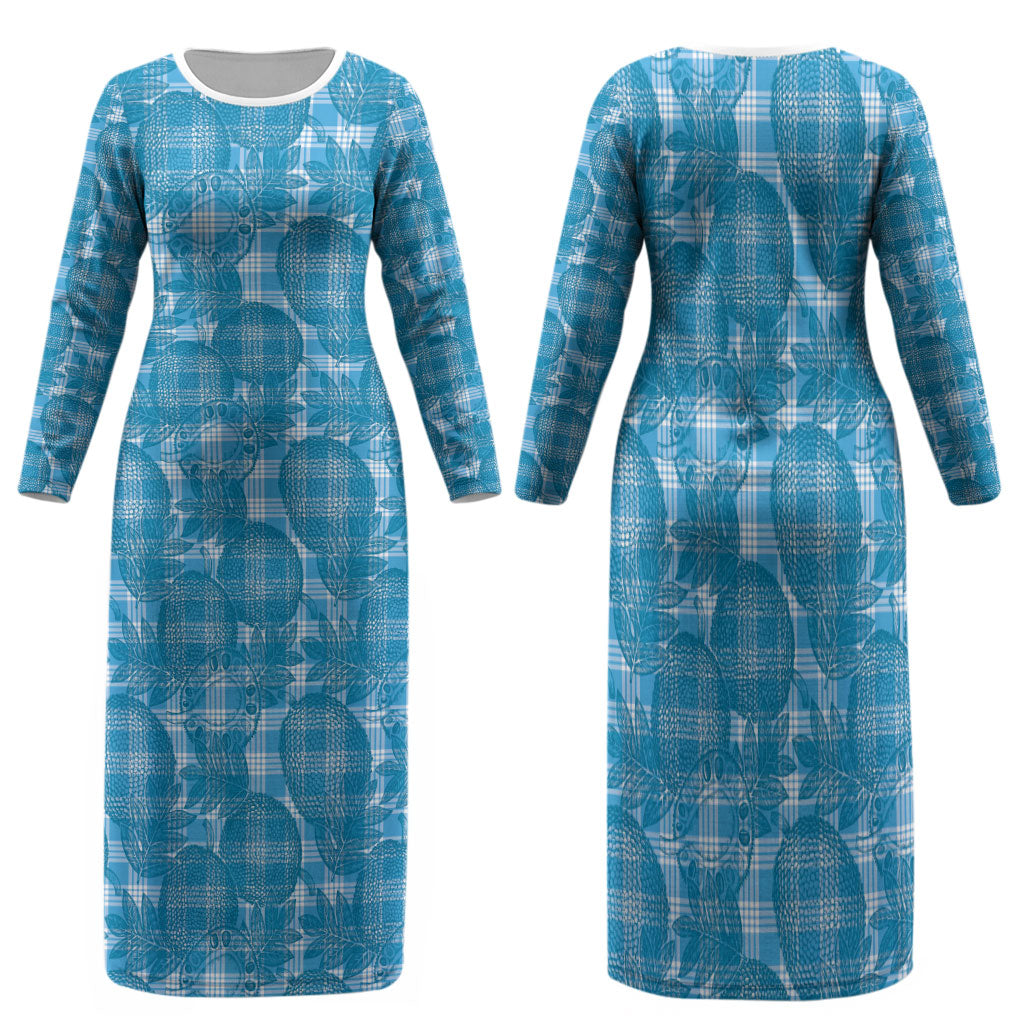 Polu Hawaii Breadfruit Palaka Motifs Family Matching Long Sleeve Bodycon Dress and Hawaiian Shirt LT14 Mom's Dress Blue - Polynesian Pride