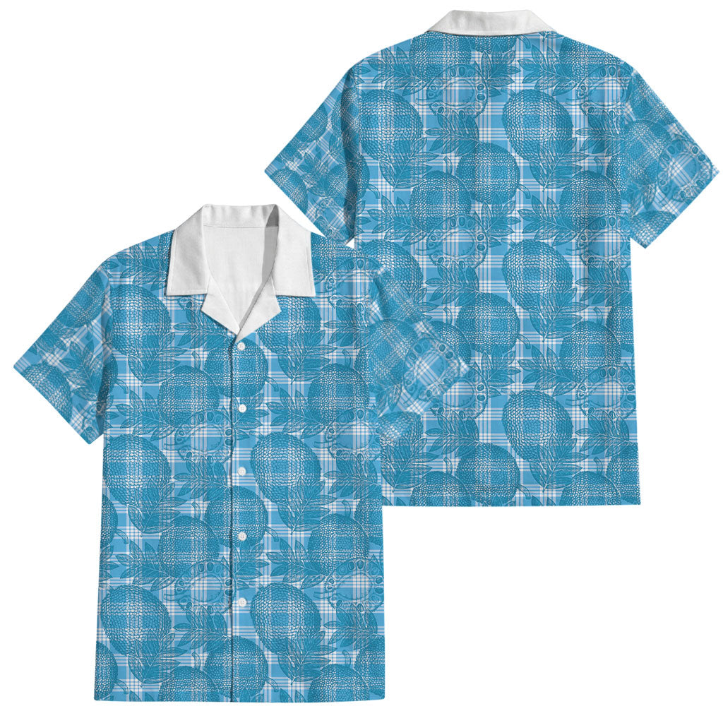 Polu Hawaii Breadfruit Palaka Motifs Family Matching Off The Shoulder Long Sleeve Dress and Hawaiian Shirt LT14 Dad's Shirt - Short Sleeve Blue - Polynesian Pride