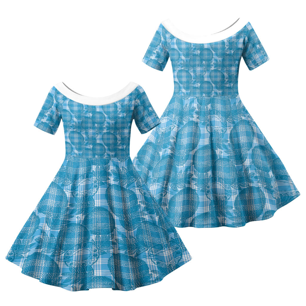 Polu Hawaii Breadfruit Palaka Motifs Family Matching Off The Shoulder Long Sleeve Dress and Hawaiian Shirt LT14 Daughter's Dress Blue - Polynesian Pride