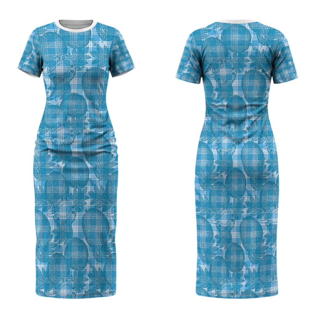 Polu Hawaii Breadfruit Palaka Motifs Family Matching Short Sleeve Bodycon Dress and Hawaiian Shirt LT14 Mom's Dress Blue - Polynesian Pride