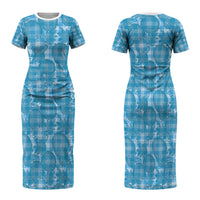 Polu Hawaii Breadfruit Palaka Motifs Family Matching Short Sleeve Bodycon Dress and Hawaiian Shirt LT14 Mom's Dress Blue - Polynesian Pride
