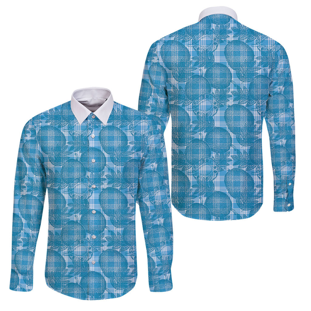 Polu Hawaii Breadfruit Palaka Motifs Family Matching Short Sleeve Bodycon Dress and Hawaiian Shirt LT14 Dad's Shirt - Long Sleeve Blue - Polynesian Pride