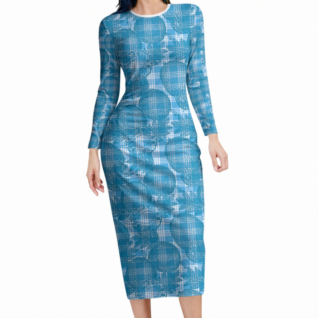 Polu Hawaii Breadfruit Palaka Motifs Long Sleeve Bodycon Dress LT14 Long Dress Blue - Polynesian Pride