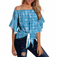 Polu Hawaii Breadfruit Palaka Motifs Off Shoulder Wrap Waist Top LT14 Blue - Polynesian Pride
