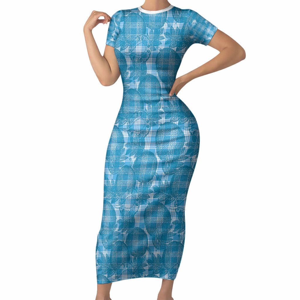 Polu Hawaii Breadfruit Palaka Motifs Short Sleeve Bodycon Dress LT14 Long Dress Blue - Polynesian Pride