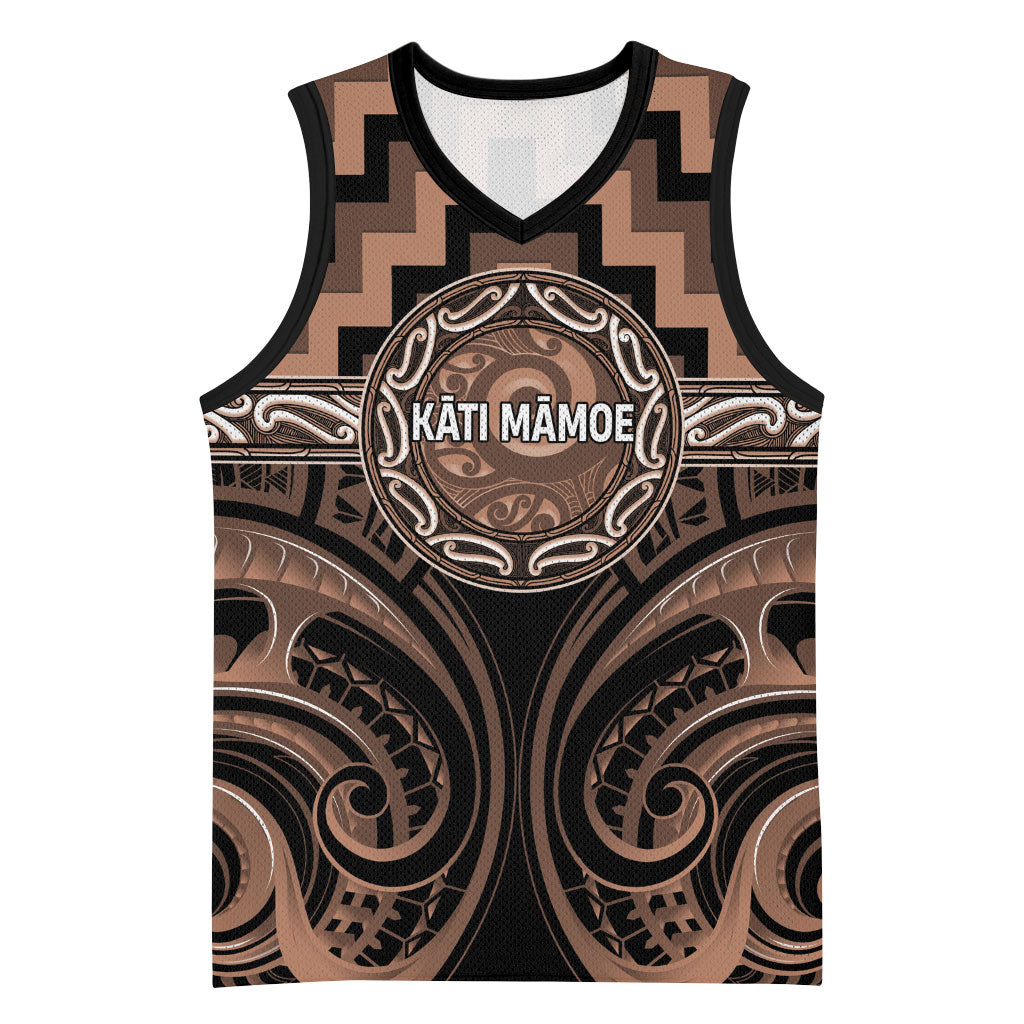 Aotearoa Kati Mamoe Personalised Basketball Jersey Maori Iwi Poutama Puhoro Tattoo LT14 Unisex Brown - Polynesian Pride