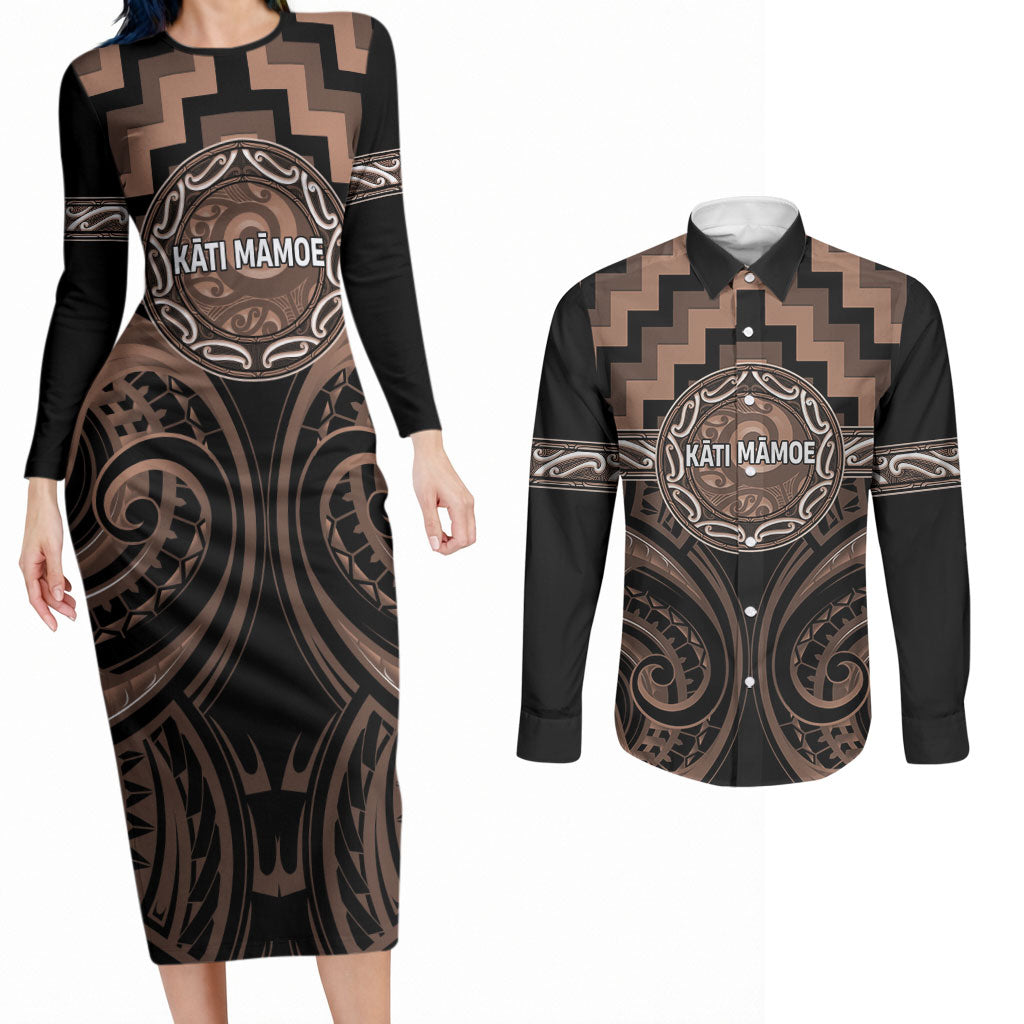 Aotearoa Kati Mamoe Personalised Couples Matching Long Sleeve Bodycon Dress and Long Sleeve Button Shirt Maori Iwi Poutama Puhoro Tattoo LT14 Brown - Polynesian Pride