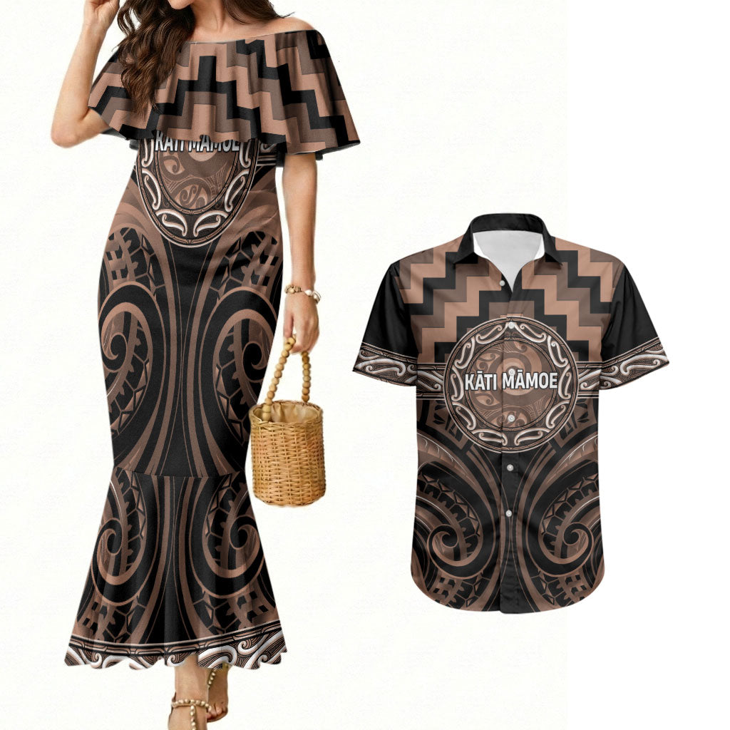 Aotearoa Kati Mamoe Personalised Couples Matching Mermaid Dress and Hawaiian Shirt Maori Iwi Poutama Puhoro Tattoo LT14 Brown - Polynesian Pride
