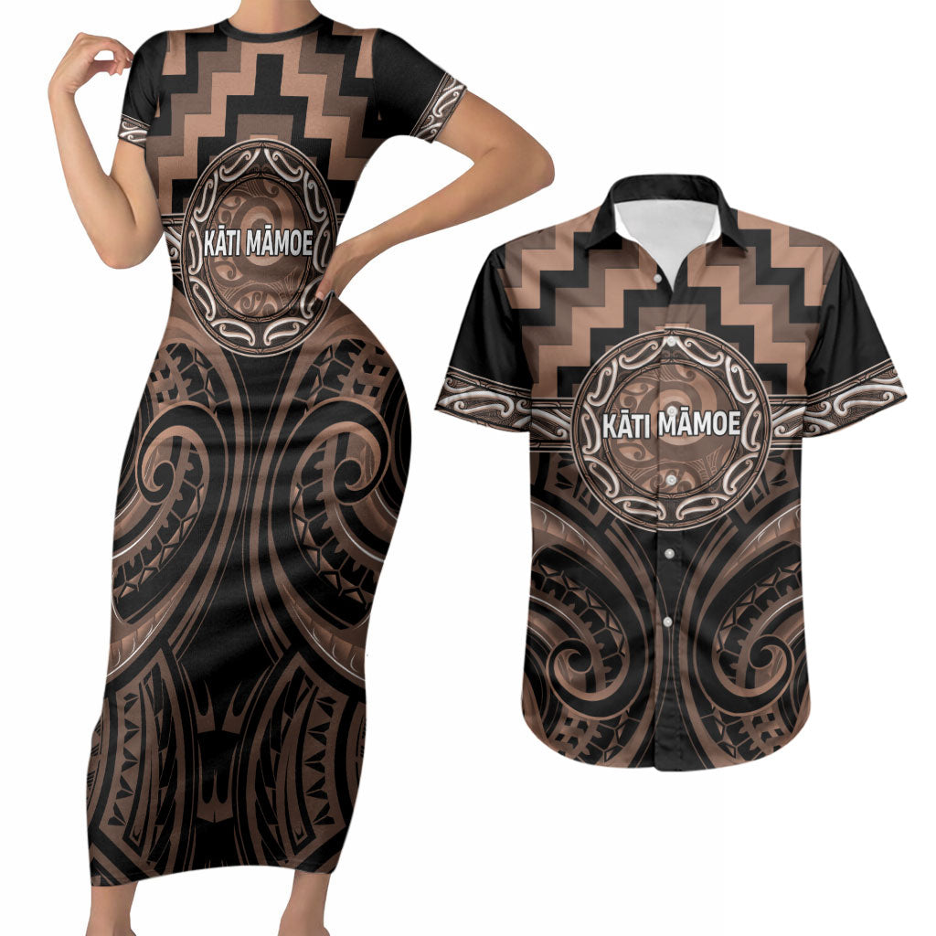 Aotearoa Kati Mamoe Personalised Couples Matching Short Sleeve Bodycon Dress and Hawaiian Shirt Maori Iwi Poutama Puhoro Tattoo LT14 Brown - Polynesian Pride
