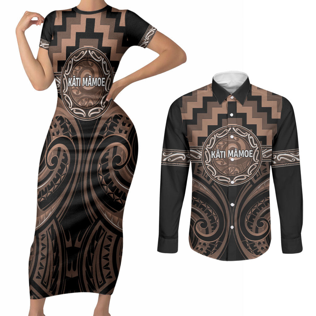 Aotearoa Kati Mamoe Personalised Couples Matching Short Sleeve Bodycon Dress and Long Sleeve Button Shirt Maori Iwi Poutama Puhoro Tattoo LT14 Brown - Polynesian Pride