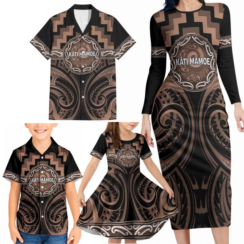 Aotearoa Kati Mamoe Personalised Family Matching Long Sleeve Bodycon Dress and Hawaiian Shirt Maori Iwi Poutama Puhoro Tattoo LT14 - Polynesian Pride