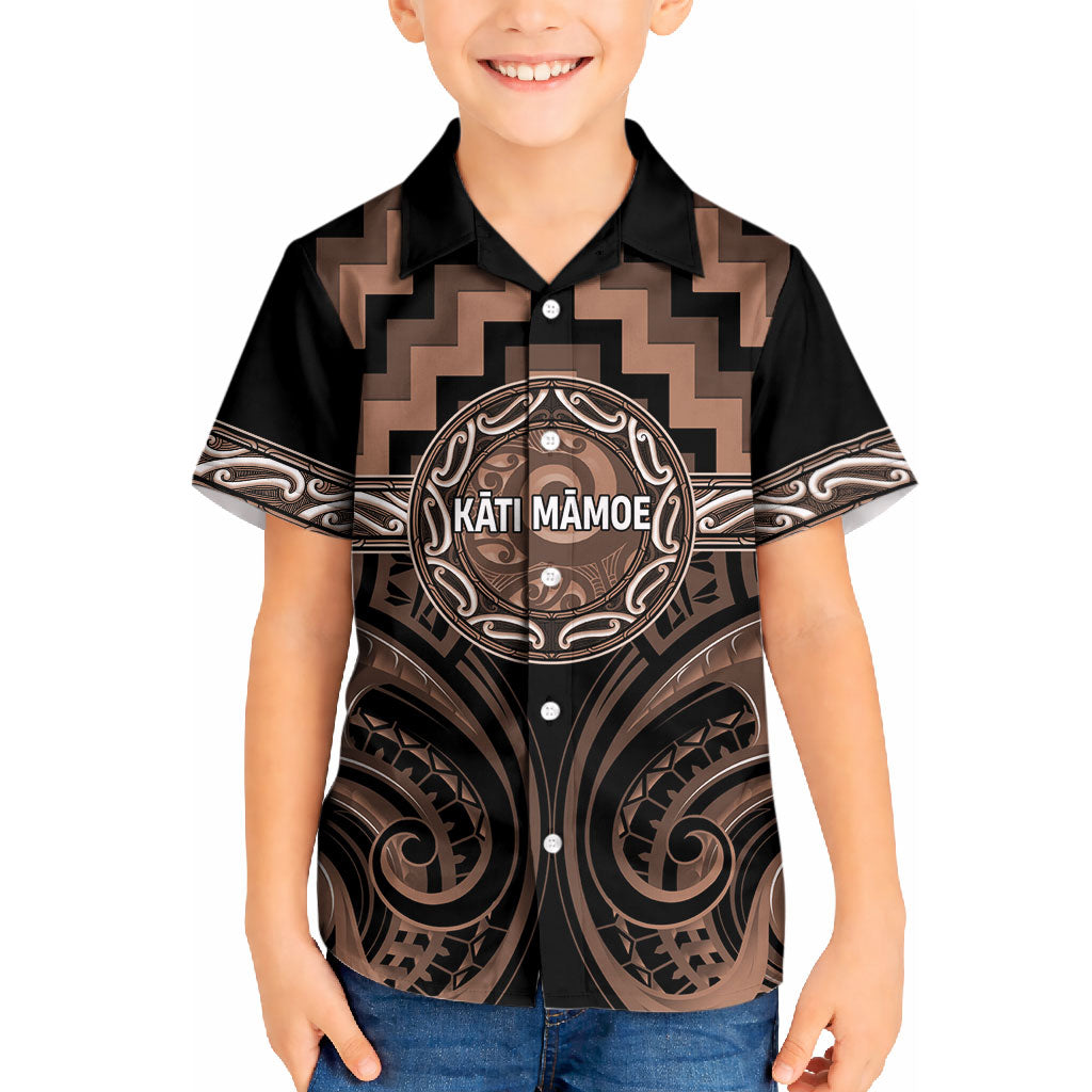 Aotearoa Kati Mamoe Personalised Kid Hawaiian Shirt Maori Iwi Poutama Puhoro Tattoo LT14 Kid Brown - Polynesian Pride