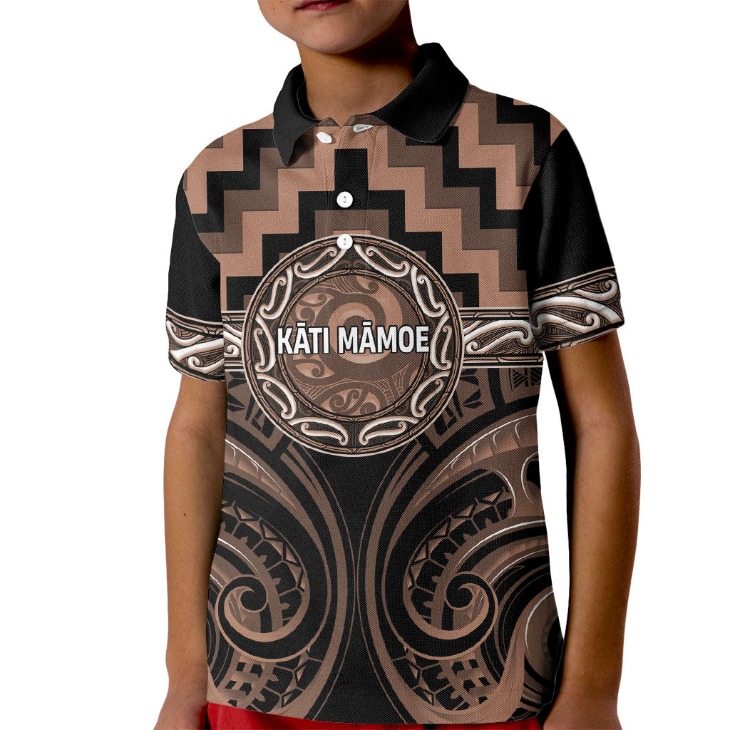 Aotearoa Kati Mamoe Personalised Kid Polo Shirt Maori Iwi Poutama Puhoro Tattoo LT14 Kid Brown - Polynesian Pride