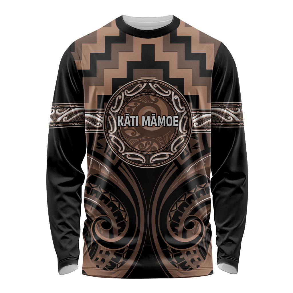 Aotearoa Kati Mamoe Personalised Long Sleeve Shirt Maori Iwi Poutama Puhoro Tattoo LT14 Unisex Brown - Polynesian Pride