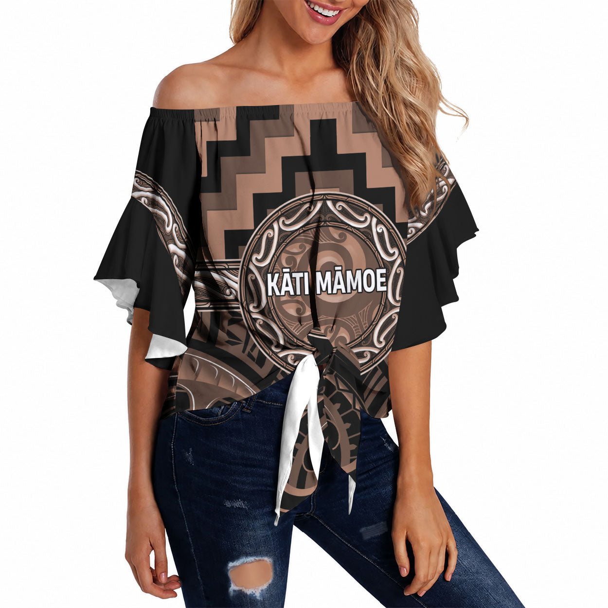 Aotearoa Kati Mamoe Personalised Off Shoulder Wrap Waist Top Maori Iwi Poutama Puhoro Tattoo LT14 Brown - Polynesian Pride