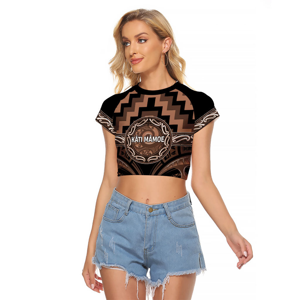 Aotearoa Kati Mamoe Personalised Raglan Cropped T Shirt Maori Iwi Poutama Puhoro Tattoo LT14 Female Brown - Polynesian Pride