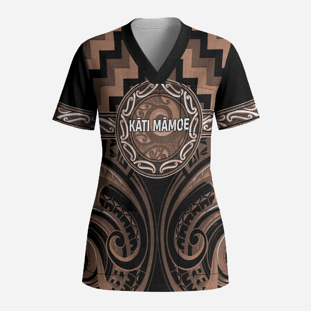 Aotearoa Kati Mamoe Personalised Scrub Top Maori Iwi Poutama Puhoro Tattoo LT14 Adult Brown - Polynesian Pride