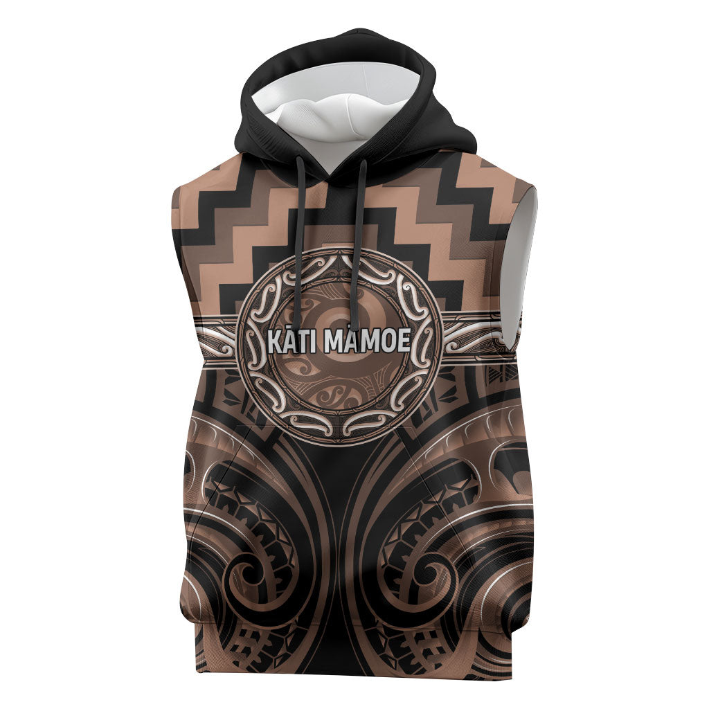 Aotearoa Kati Mamoe Personalised Sleeveless Hoodie Maori Iwi Poutama Puhoro Tattoo LT14 Brown - Polynesian Pride