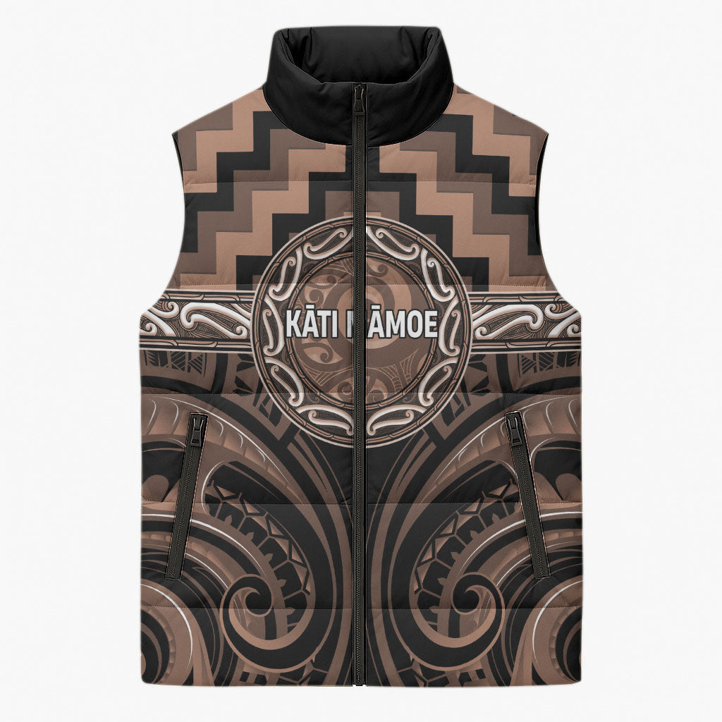 Aotearoa Kati Mamoe Personalised Sleeveless Puffer Jacket Maori Iwi Poutama Puhoro Tattoo LT14 Unisex Brown - Polynesian Pride