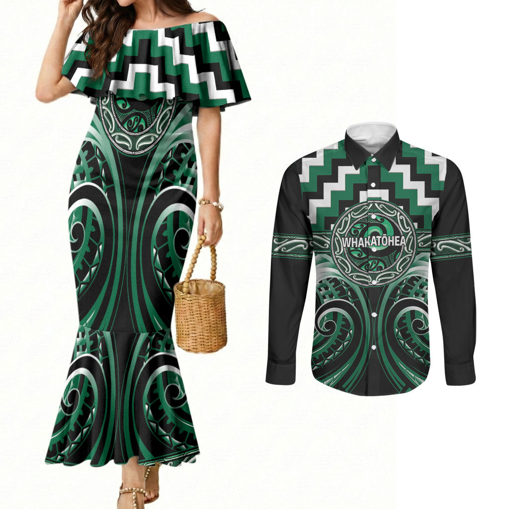 Aotearoa Whakatohea Personalised Couples Matching Mermaid Dress and Long Sleeve Button Shirt Maori Iwi Poutama Puhoro Tattoo LT14 Green - Polynesian Pride