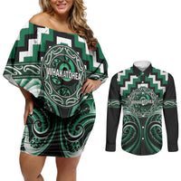Aotearoa Whakatohea Personalised Couples Matching Off Shoulder Short Dress and Long Sleeve Button Shirt Maori Iwi Poutama Puhoro Tattoo LT14 Green - Polynesian Pride