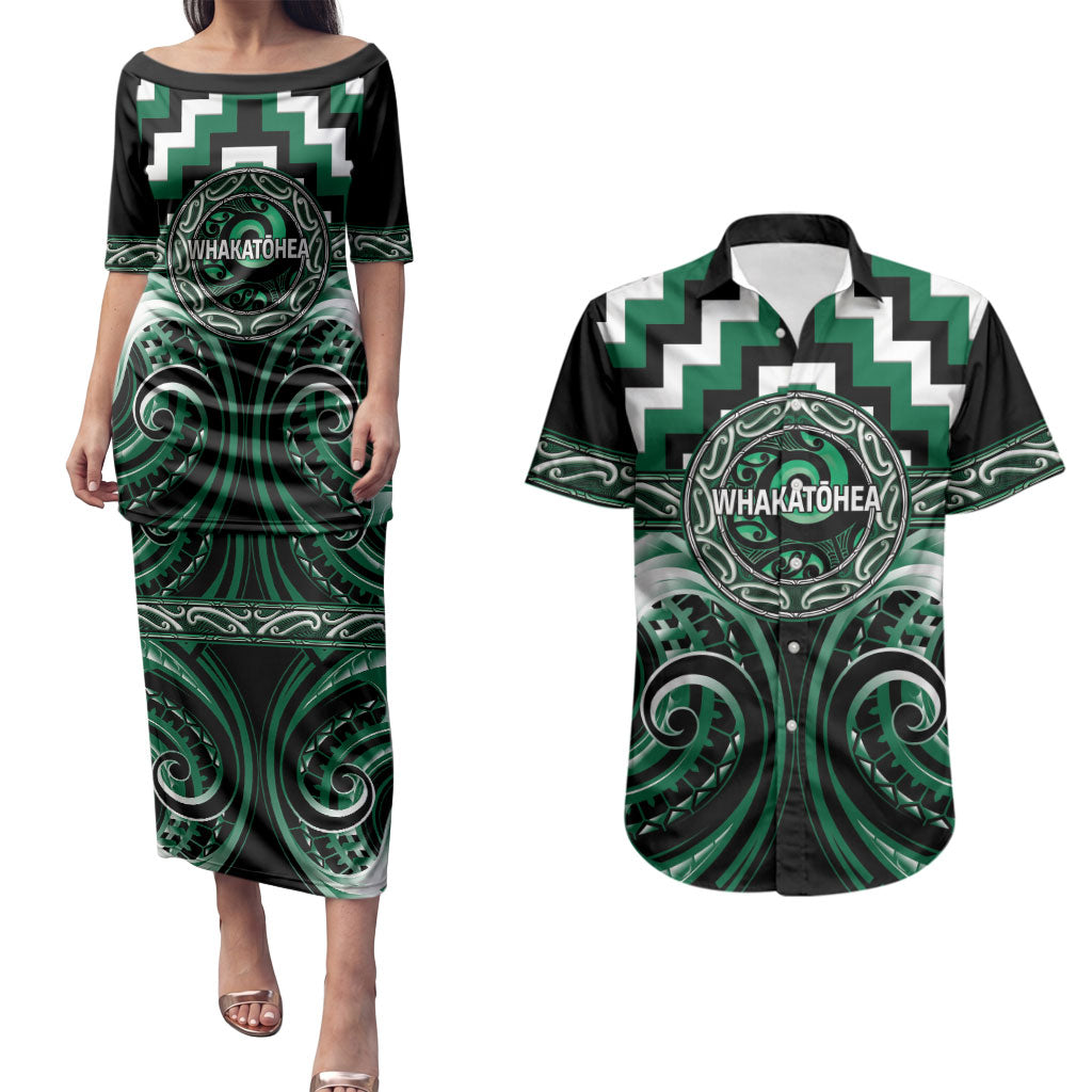 Aotearoa Whakatohea Personalised Couples Matching Puletasi and Hawaiian Shirt Maori Iwi Poutama Puhoro Tattoo LT14 Green - Polynesian Pride