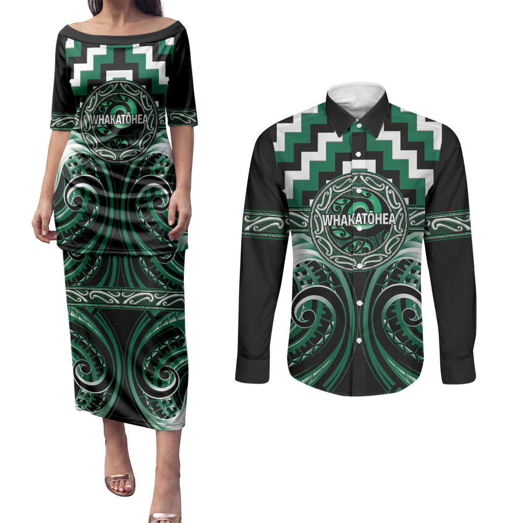 Aotearoa Whakatohea Personalised Couples Matching Puletasi and Long Sleeve Button Shirt Maori Iwi Poutama Puhoro Tattoo LT14 Green - Polynesian Pride