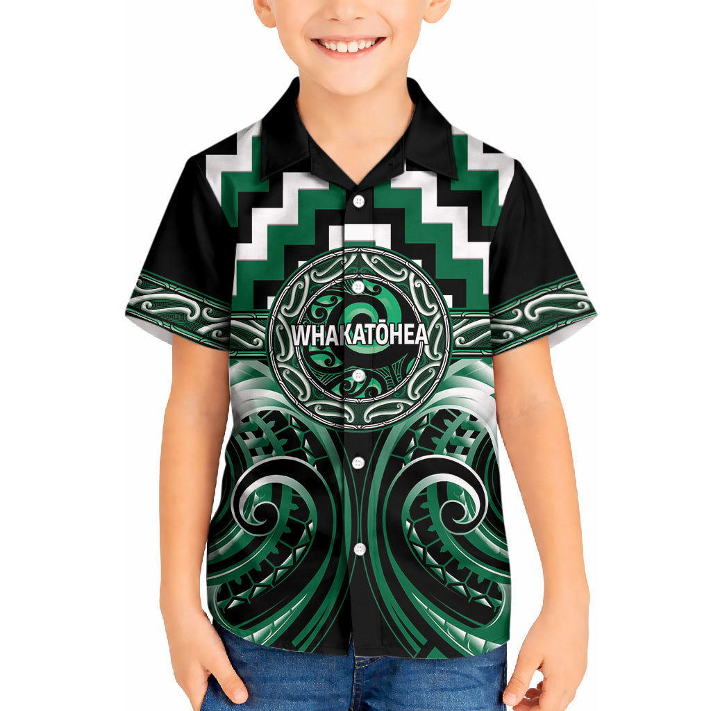 Aotearoa Whakatohea Personalised Kid Hawaiian Shirt Maori Iwi Poutama Puhoro Tattoo LT14 Kid Green - Polynesian Pride