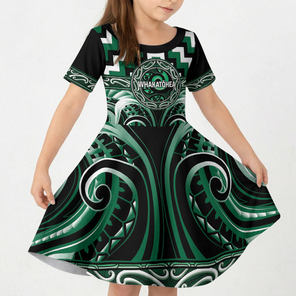 Aotearoa Whakatohea Personalised Kid Short Sleeve Dress Maori Iwi Poutama Puhoro Tattoo LT14 KID Green - Polynesian Pride