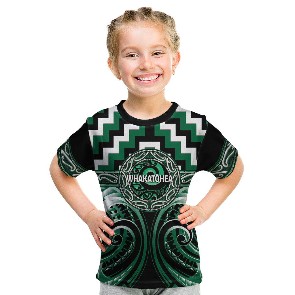 Aotearoa Whakatohea Personalised Kid T Shirt Maori Iwi Poutama Puhoro Tattoo LT14 Green - Polynesian Pride