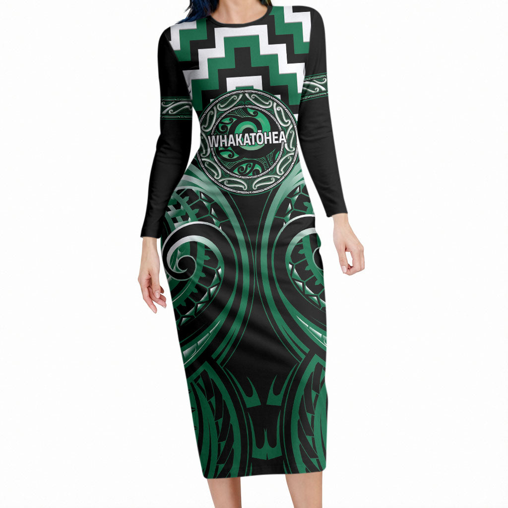Aotearoa Whakatohea Personalised Long Sleeve Bodycon Dress Maori Iwi Poutama Puhoro Tattoo LT14 Long Dress Green - Polynesian Pride