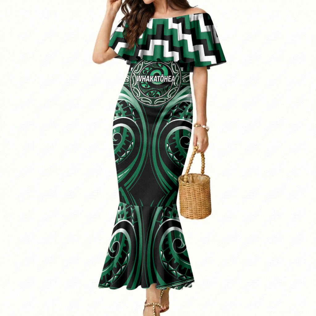 Aotearoa Whakatohea Personalised Mermaid Dress Maori Iwi Poutama Puhoro Tattoo LT14 Women Green - Polynesian Pride