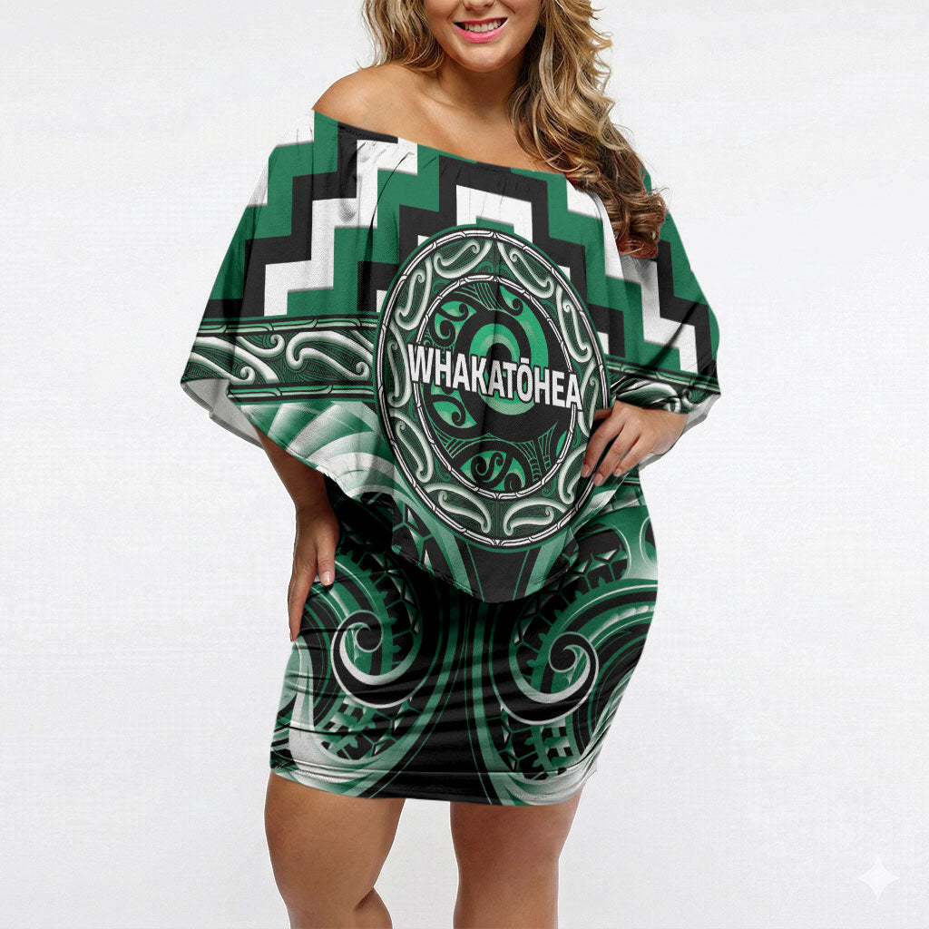 Aotearoa Whakatohea Personalised Off Shoulder Short Dress Maori Iwi Poutama Puhoro Tattoo LT14 Women Green - Polynesian Pride