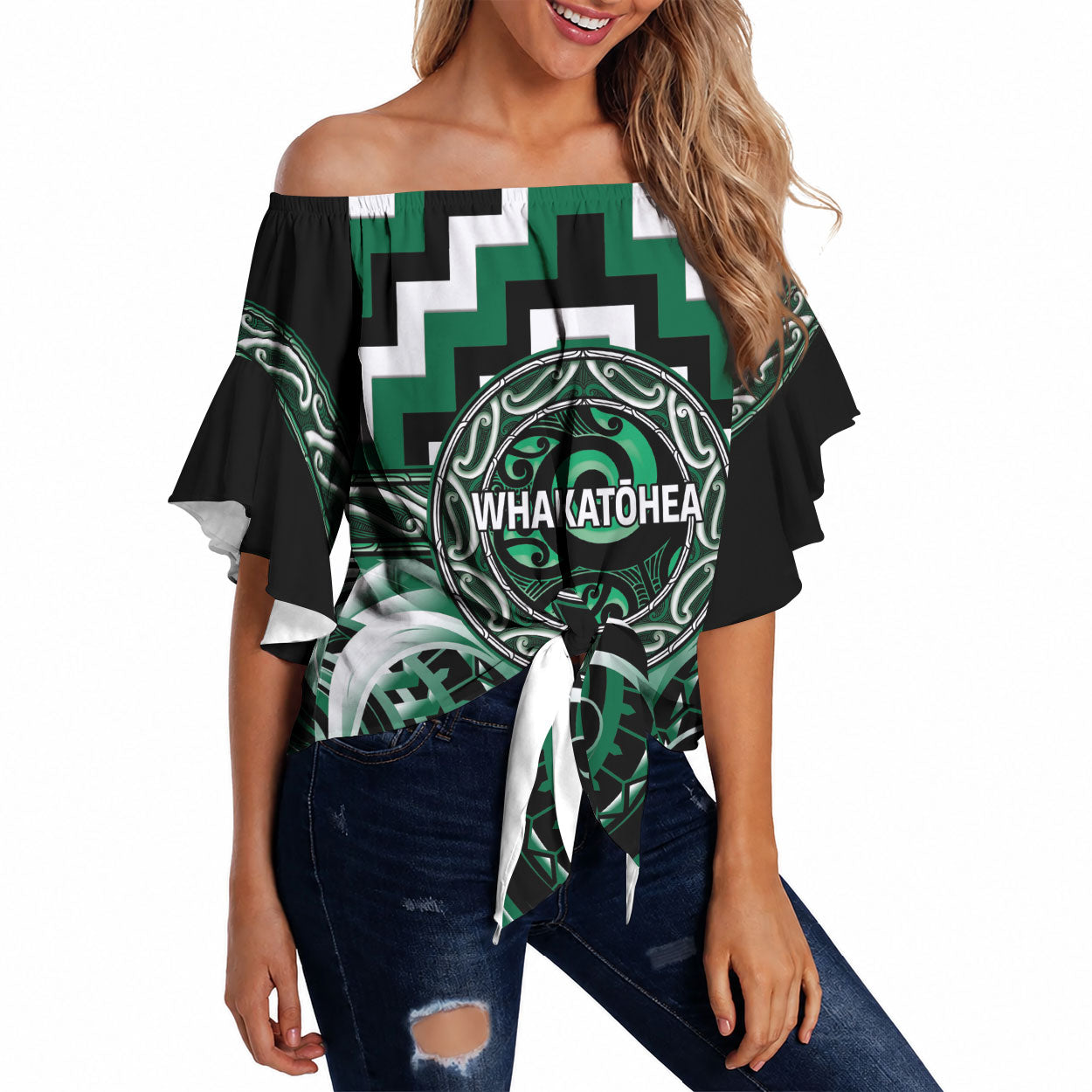 Aotearoa Whakatohea Personalised Off Shoulder Wrap Waist Top Maori Iwi Poutama Puhoro Tattoo LT14 Green - Polynesian Pride